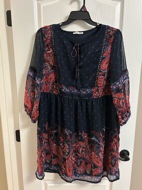 Dex Navy Blouse with Red and Light Blue Accents